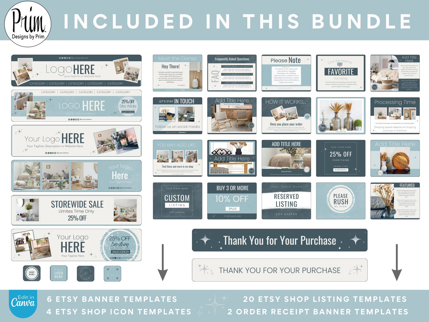 Designs by Prim Etsy Shop Kit | Etsy Banner Templates | Etsy Store Listing Bundle | Canva Editable Template | Etsy Seller Branding Design | Store Mock Ups Jessica Nethery Designer Business Branding