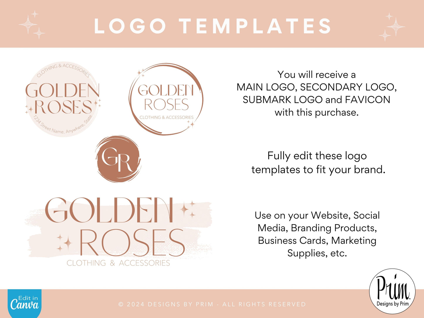 Designs by Prim Rose Gold Logo Design Template Canva | Small Business Logo | Editable Logo Template | Business Branding Logo | DIY Logo Design | Brand Kit Jessica Ann Nethery Brand Design