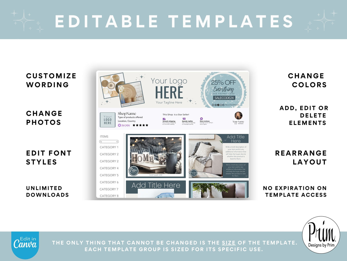Designs by Prim Etsy Shop Kit | Etsy Banner Templates | Etsy Store Listing Bundle | Canva Editable Template | Etsy Seller Branding Design | Store Mock Ups Jessica Nethery Designer Business Branding