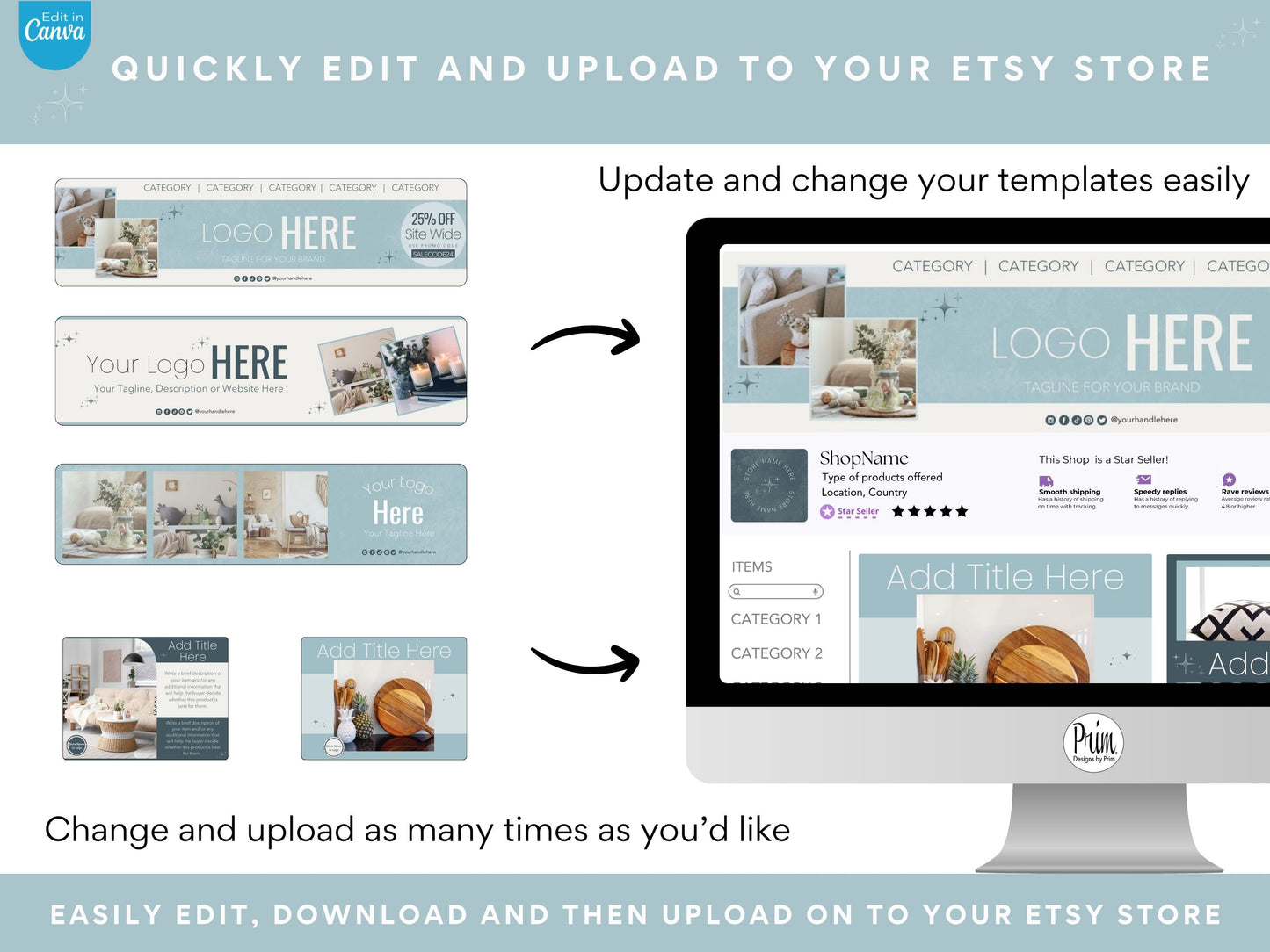 Designs by Prim Etsy Shop Kit | Etsy Banner Templates | Etsy Store Listing Bundle | Canva Editable Template | Etsy Seller Branding Design | Store Mock Ups Jessica Nethery Designer Business Branding