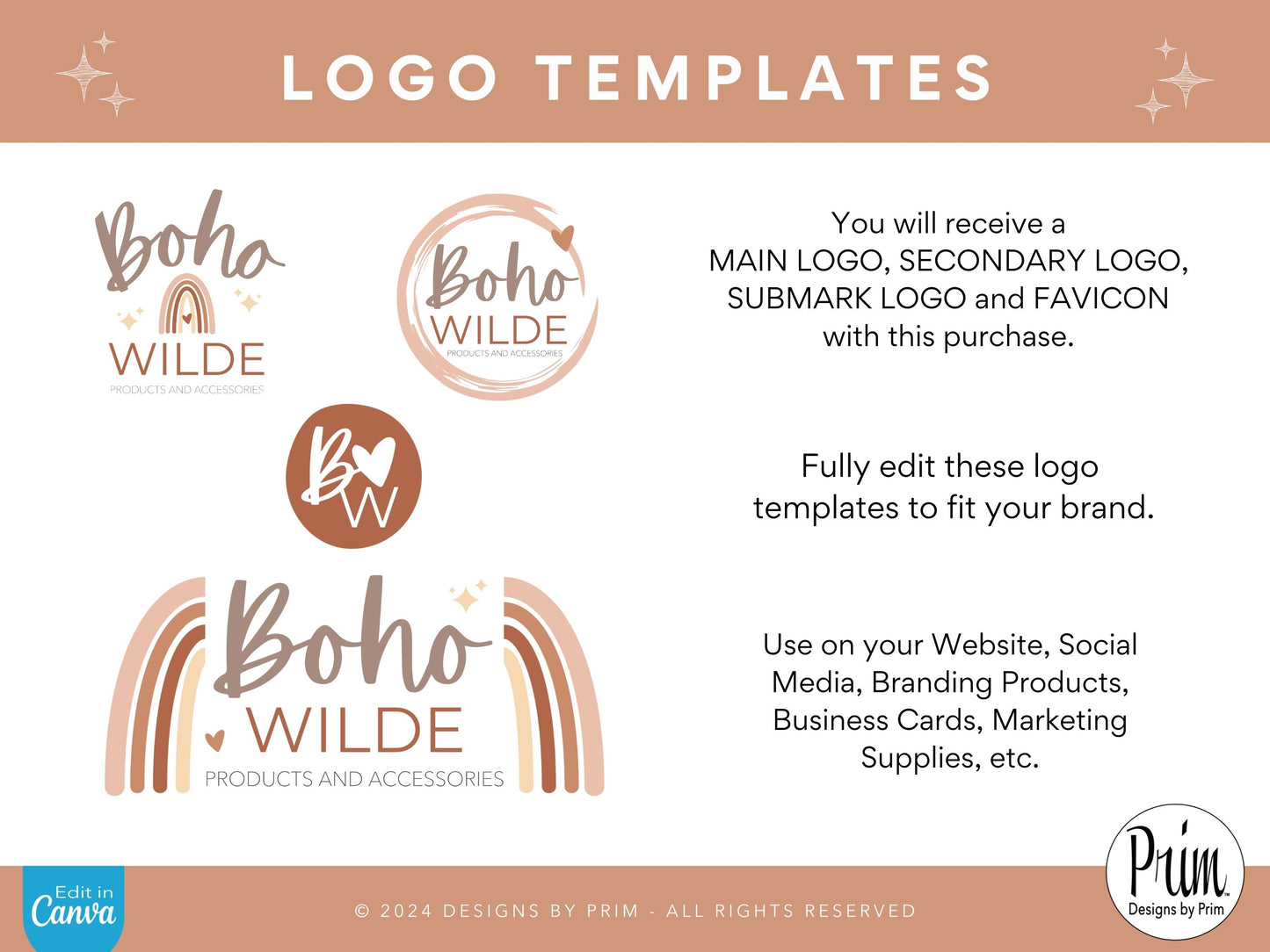 Designs by Prim Boho Wilde Logo Design Template Canva | Small Business Logo | Editable Logo Template | Business Branding Logo | DIY Logo Design | Brand Kit Jessica Ann Nethery Brand Design
