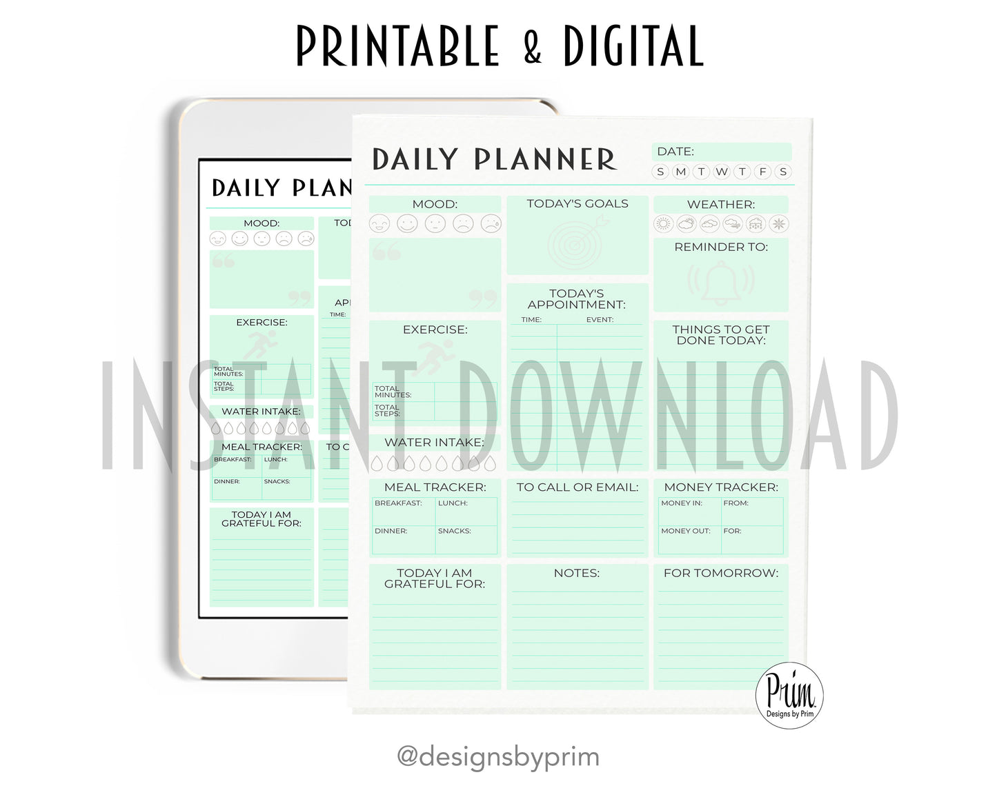 Designs by Prim Daily Planner Undated Green | Mood Tracker Fitness Exercise Water Intake Meal Tracker Goals Appointments Weather Reminder Money Tracker