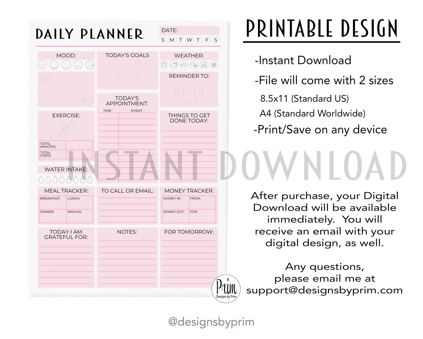 Designs by Prim Daily Planner Undated Pink | Mood Tracker Fitness Exercise Water Intake Meal Tracker Goals Appointments Weather Reminder Money Tracker
