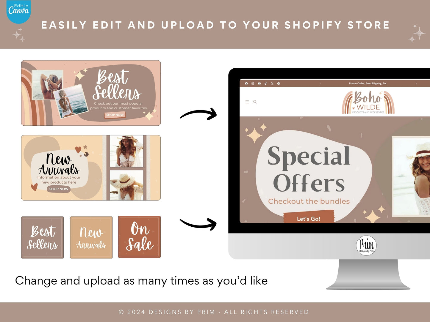 designs by prim Boho Wilde Shopify Banner Bundle | Editable Shopify Templates | Canva Templates | Shopify Store Mobile Desktop | Bohemian Earthy Store Banners