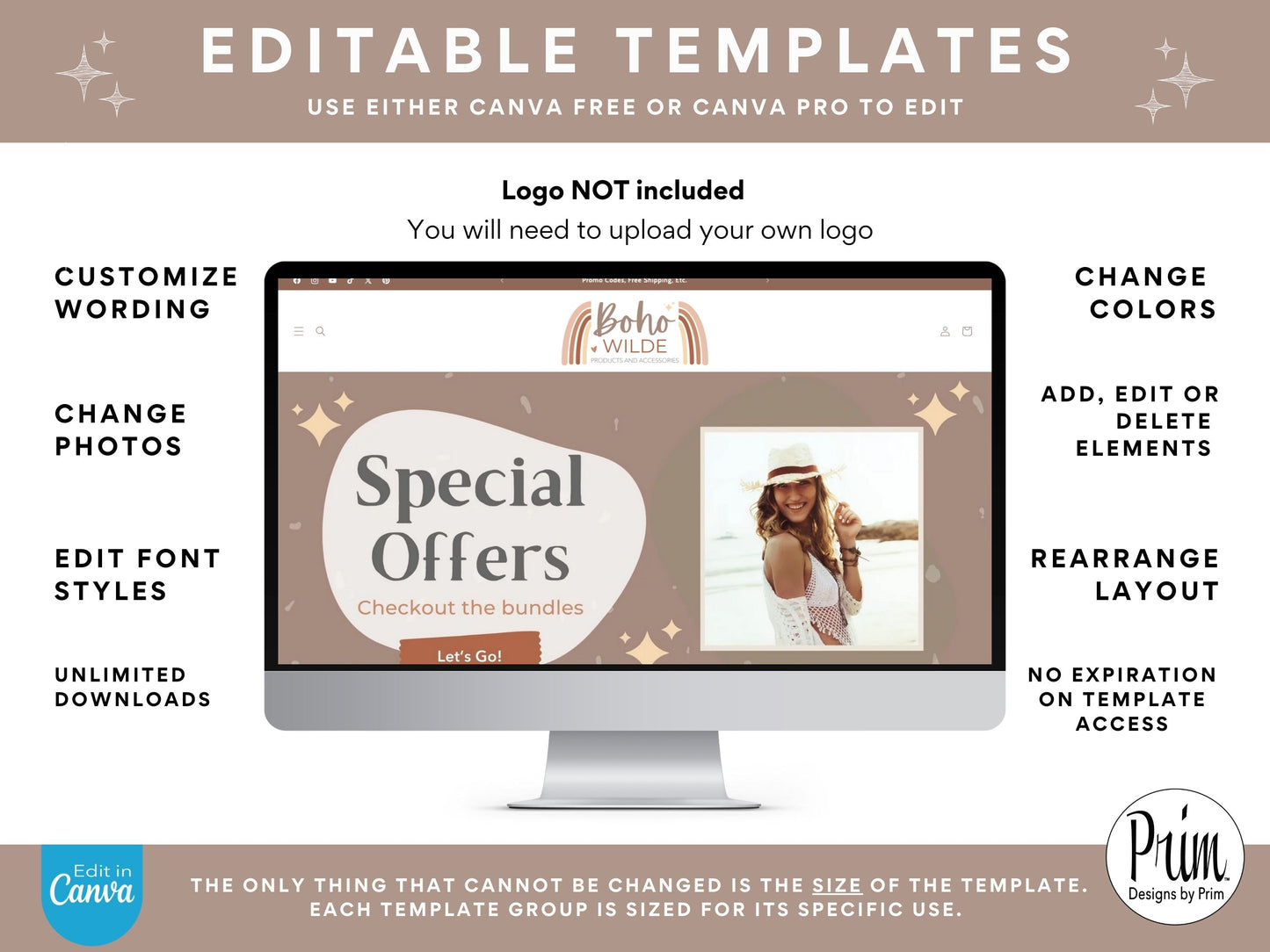 designs by prim Boho Wilde Shopify Banner Bundle | Editable Shopify Templates | Canva Templates | Shopify Store Mobile Desktop | Bohemian Earthy Store Banners