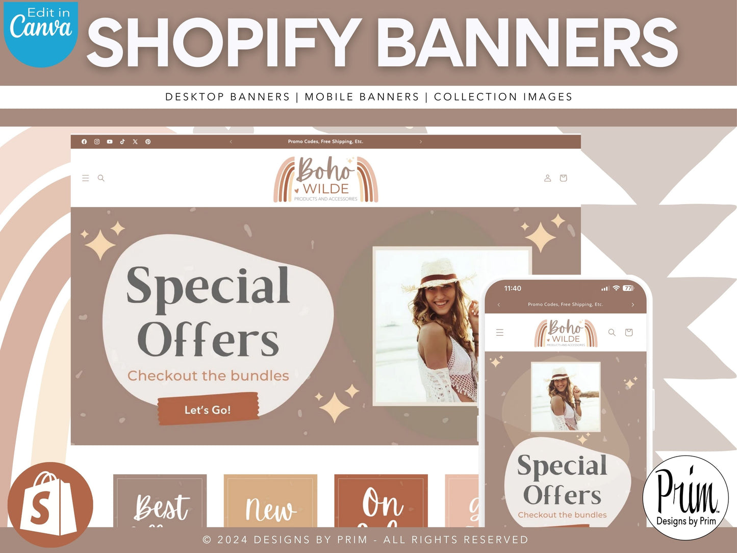 designs by prim Boho Wilde Shopify Banner Bundle | Editable Shopify Templates | Canva Templates | Shopify Store Mobile Desktop | Bohemian Earthy Store Banners