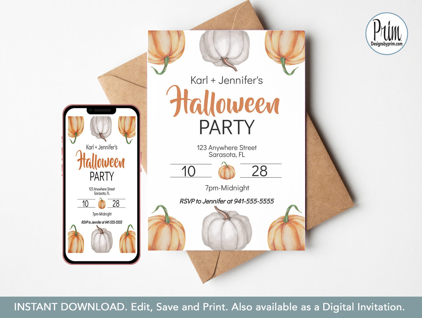 Designs by Prim Halloween Party Invitation Print Digital | Pumpkin Bat Spider Web Spooky Season Editable Invite Template INSTANT DOWNLOAD Cell Phone