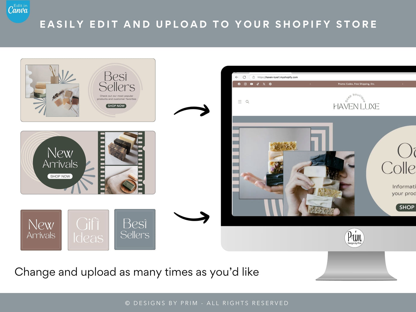 Designs by Prim Haven Luxe Earthy Shopify Theme Bundle | Editable Canva Templates | Website Design Theme| Online Store Banner | Spa Neutral Tone Storefront Business Branding Jessica A. Nethery Graphic Designer