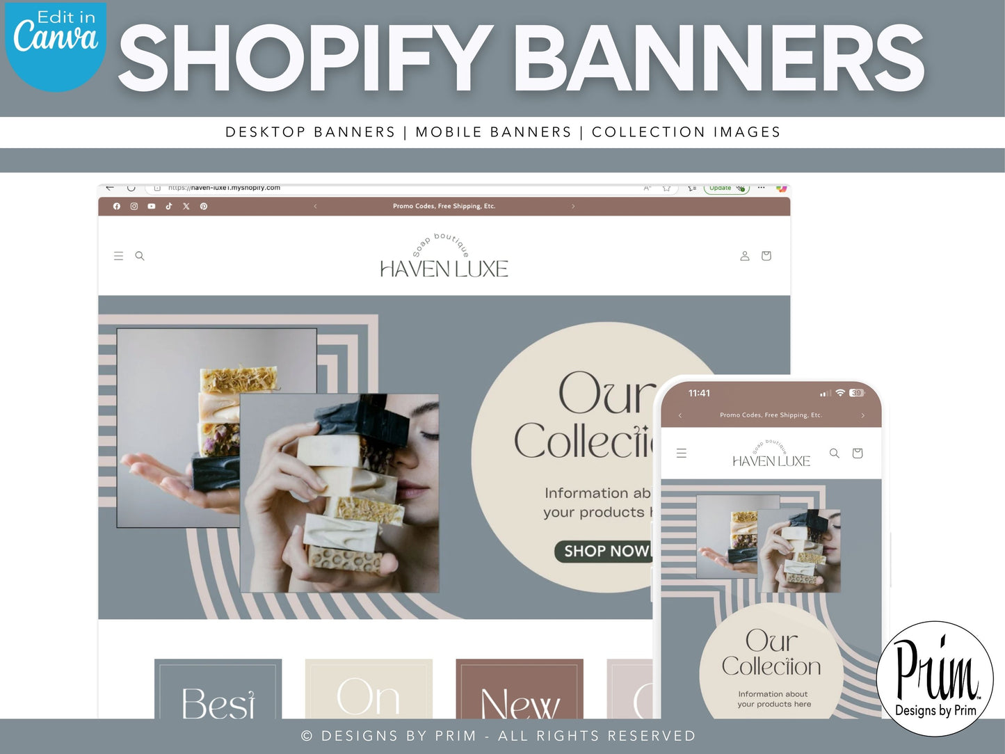 Designs by Prim Haven Luxe Earthy Shopify Theme Bundle | Editable Canva Templates | Website Design Theme| Online Store Banner | Spa Neutral Tone Storefront Business Branding Jessica A. Nethery Graphic Designer