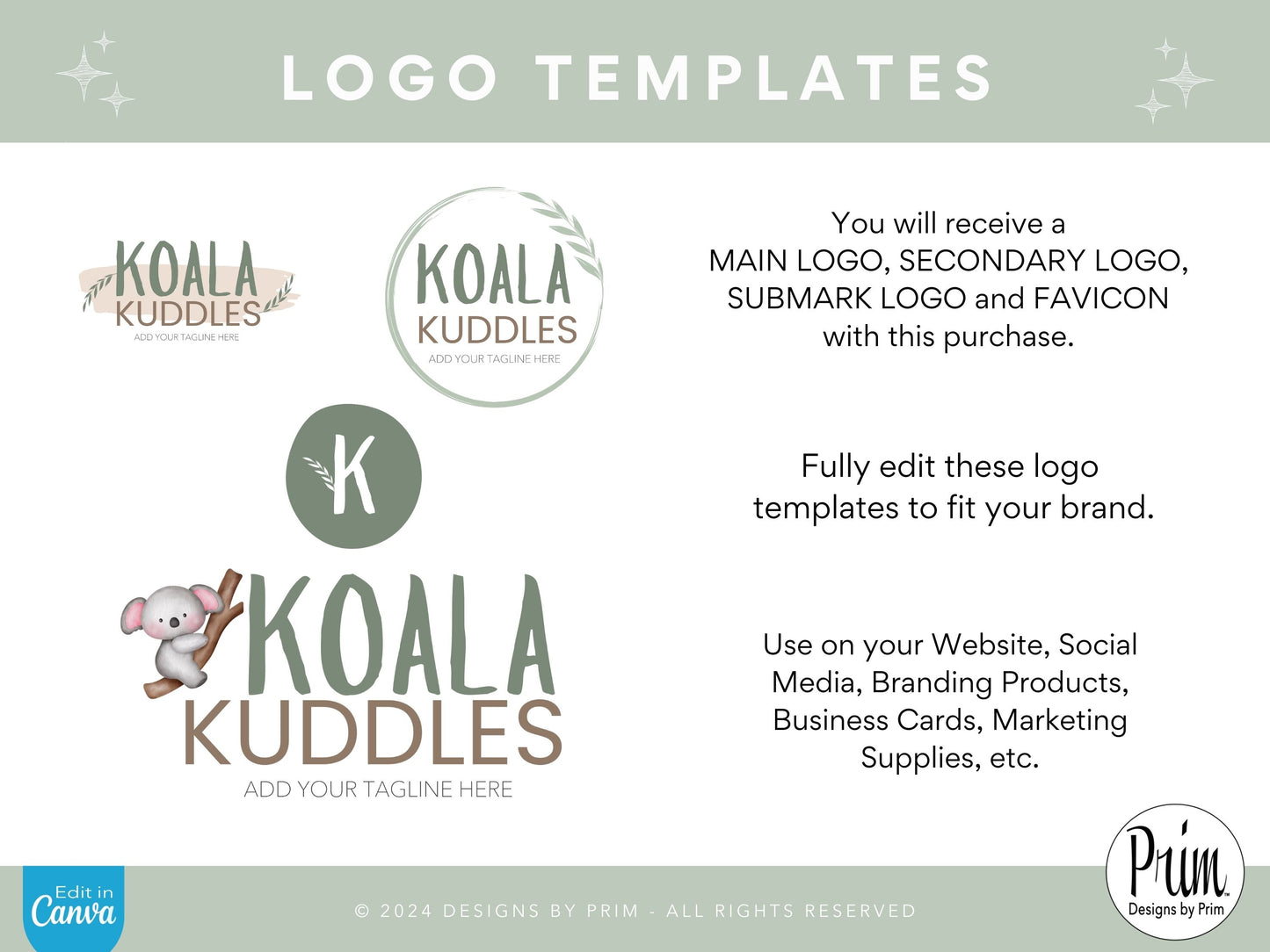 Designs by Prim Koala Kuddles Logo Design Template Canva | Small Business Logo | Editable Logo Template | Business Branding Logo | DIY Logo Design | Brand Kit Jessica Ann Nethery Brand Design