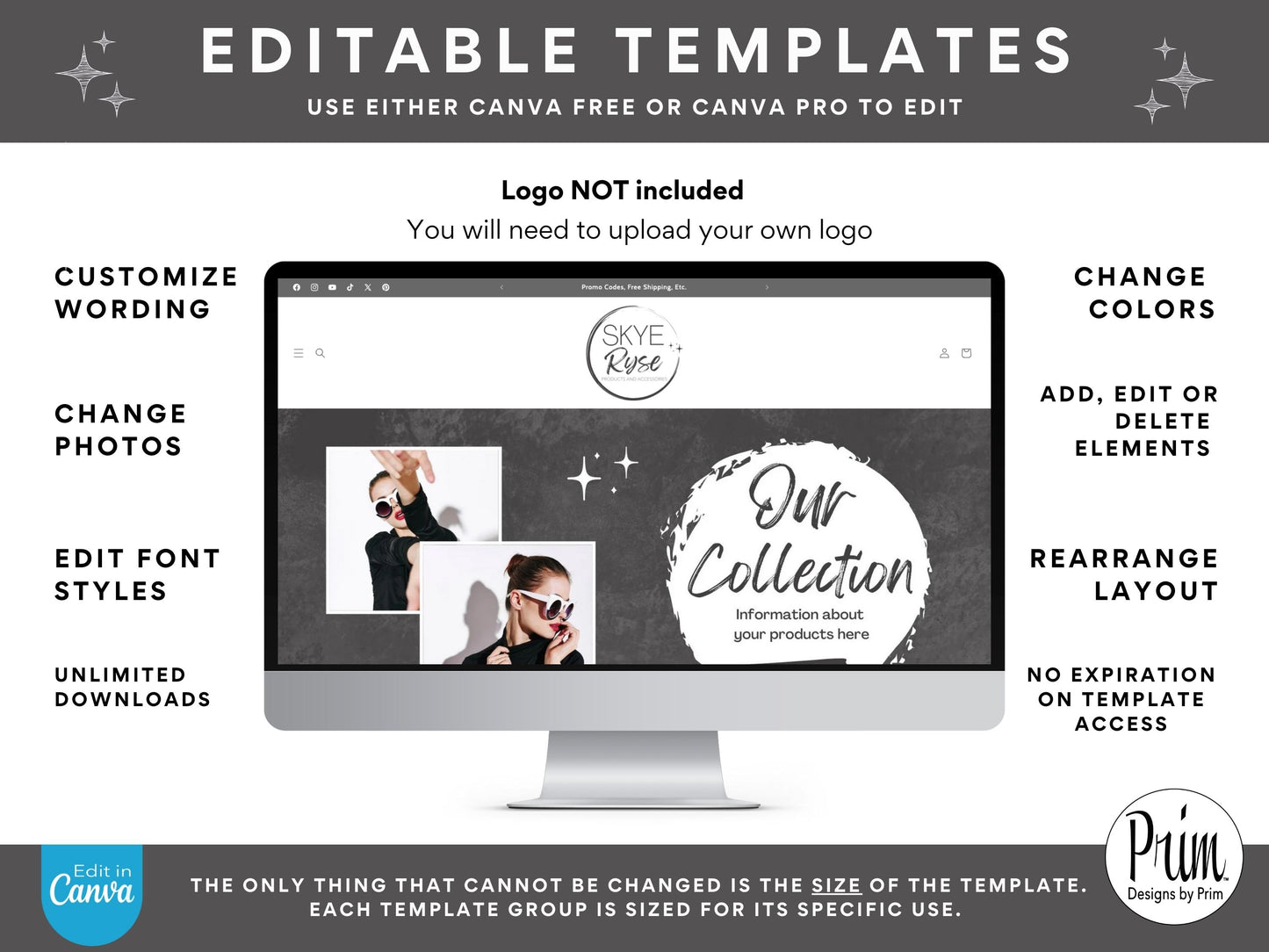 Designs by Prim Skye Ryse Shopify Banner Bundle | Editable Shopify Templates | Canva Templates | Shopify Store Mobile Desktop | Modern Chic Store Banners Business Branding Jessica A. Nethery Graphic Design Web Designer