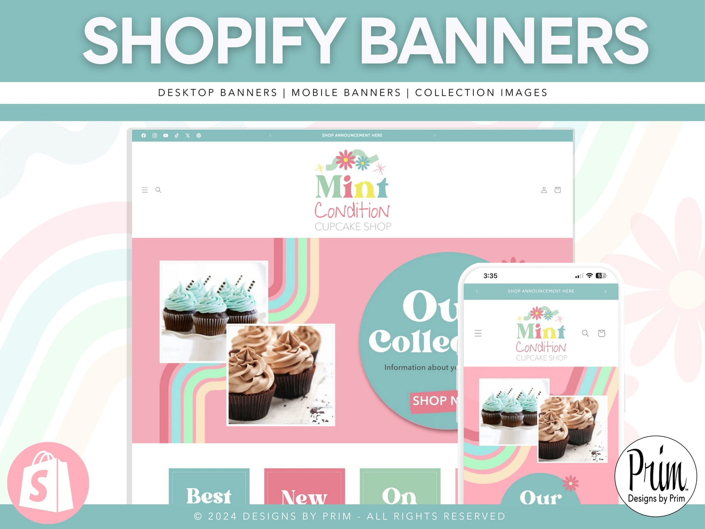 Mynt Condition Shopify Banner Bundle | Editable Shopify Templates | Canva Templates | Shopify Store Mobile Desktop | Retro Fun Bright Store Banners Graphic Design Website Designer Jessica A. Nethery