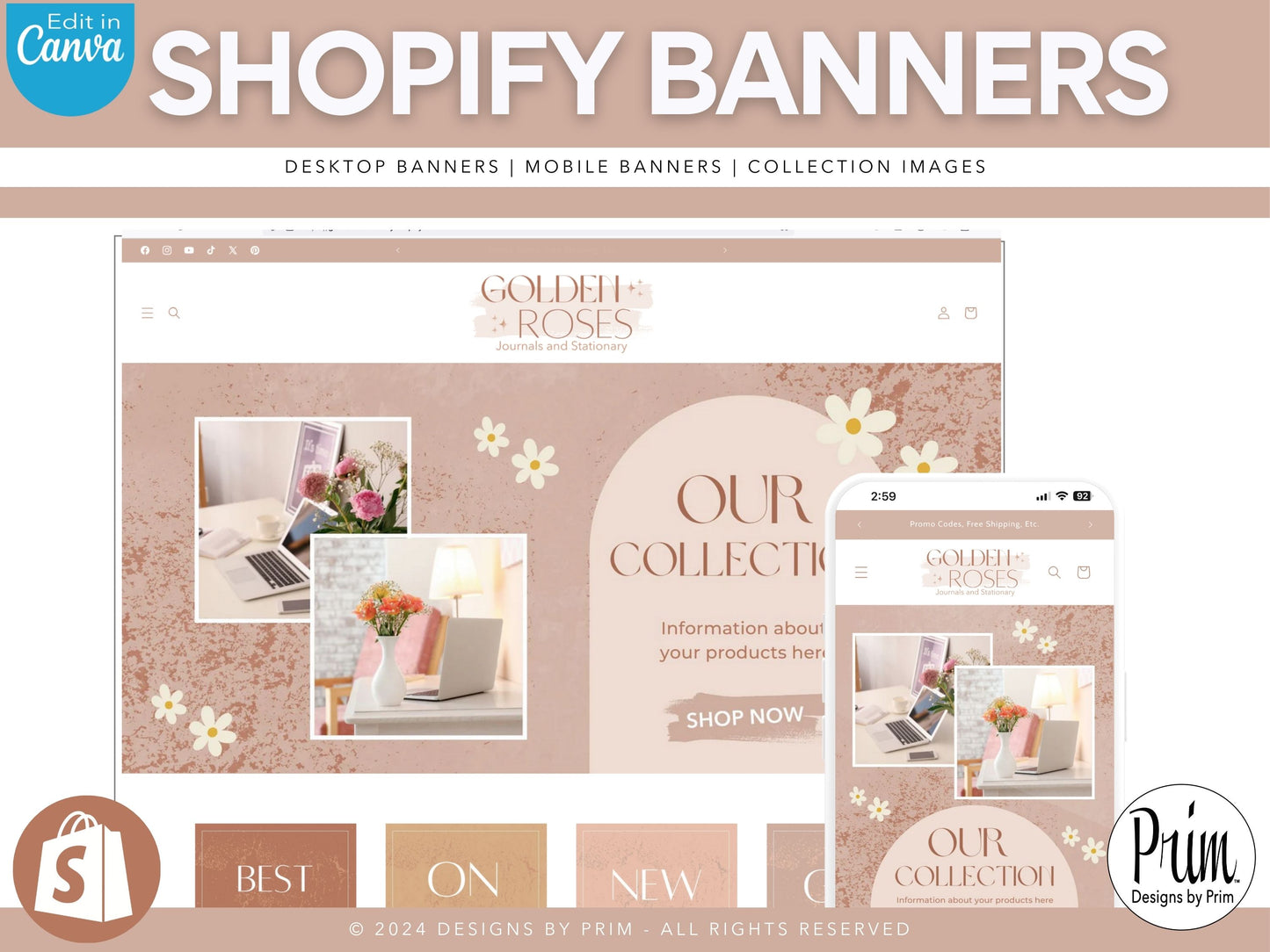Modern Neutral Rose Gold l Shopify Banner Bundle | Editable Canva Templates | Canva Design Templates | Online Store Banner | Elegant Store front Banners Graphic Design Website Designer Jessica A. Nethery