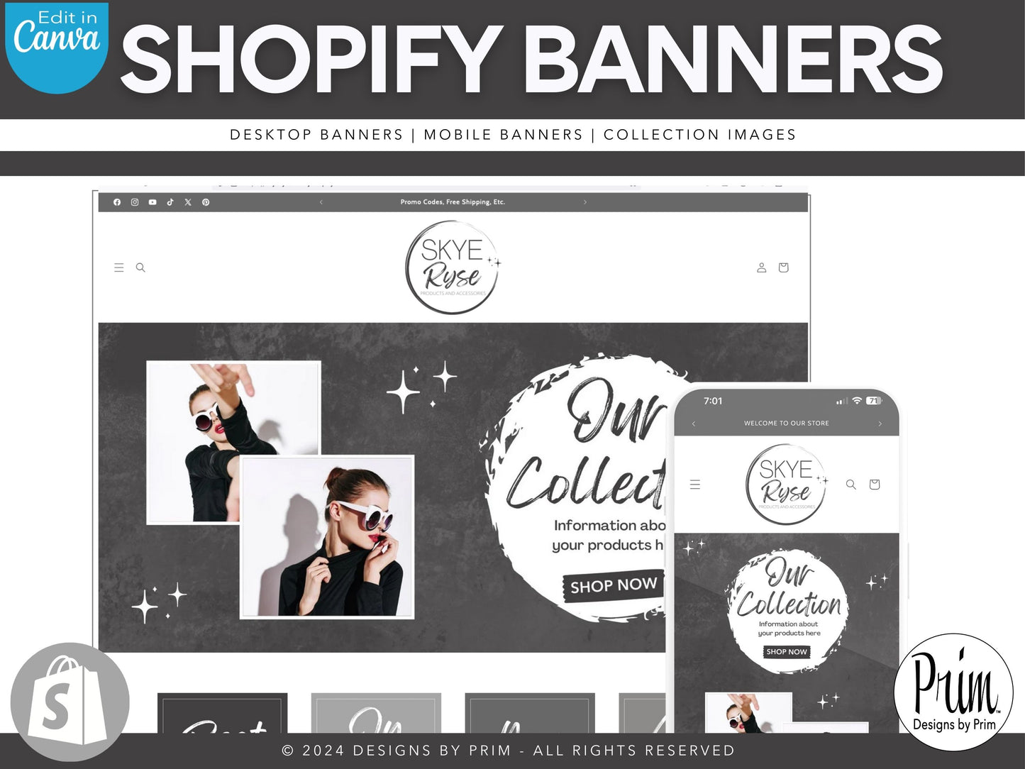 Designs by Prim Skye Ryse Shopify Banner Bundle | Editable Shopify Templates | Canva Templates | Shopify Store Mobile Desktop | Modern Chic Store Banners Business Branding Jessica A. Nethery Graphic Design Web Designer
