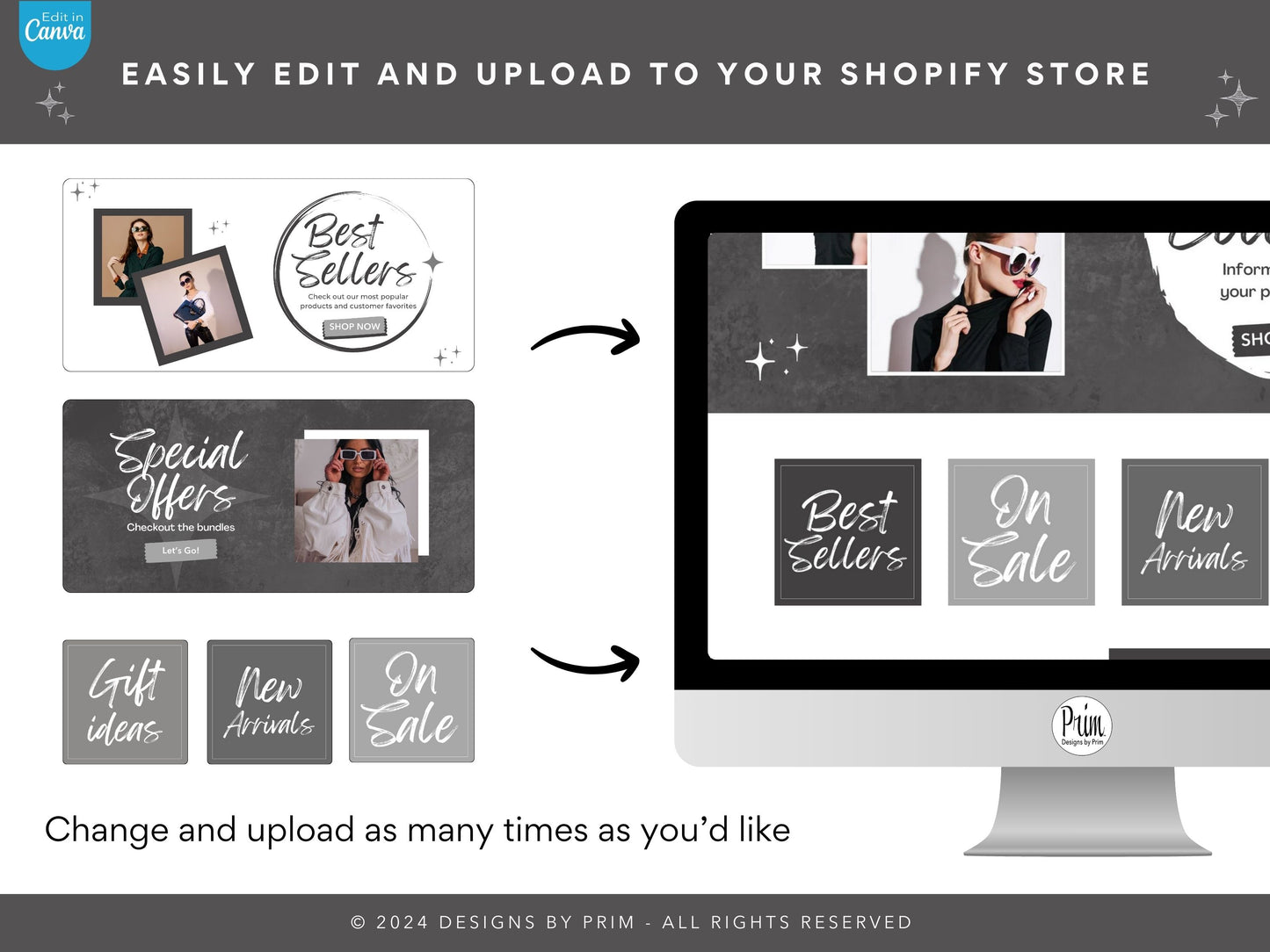 Designs by Prim Skye Ryse Shopify Banner Bundle | Editable Shopify Templates | Canva Templates | Shopify Store Mobile Desktop | Modern Chic Store Banners Business Branding Jessica A. Nethery Graphic Design Web Designer