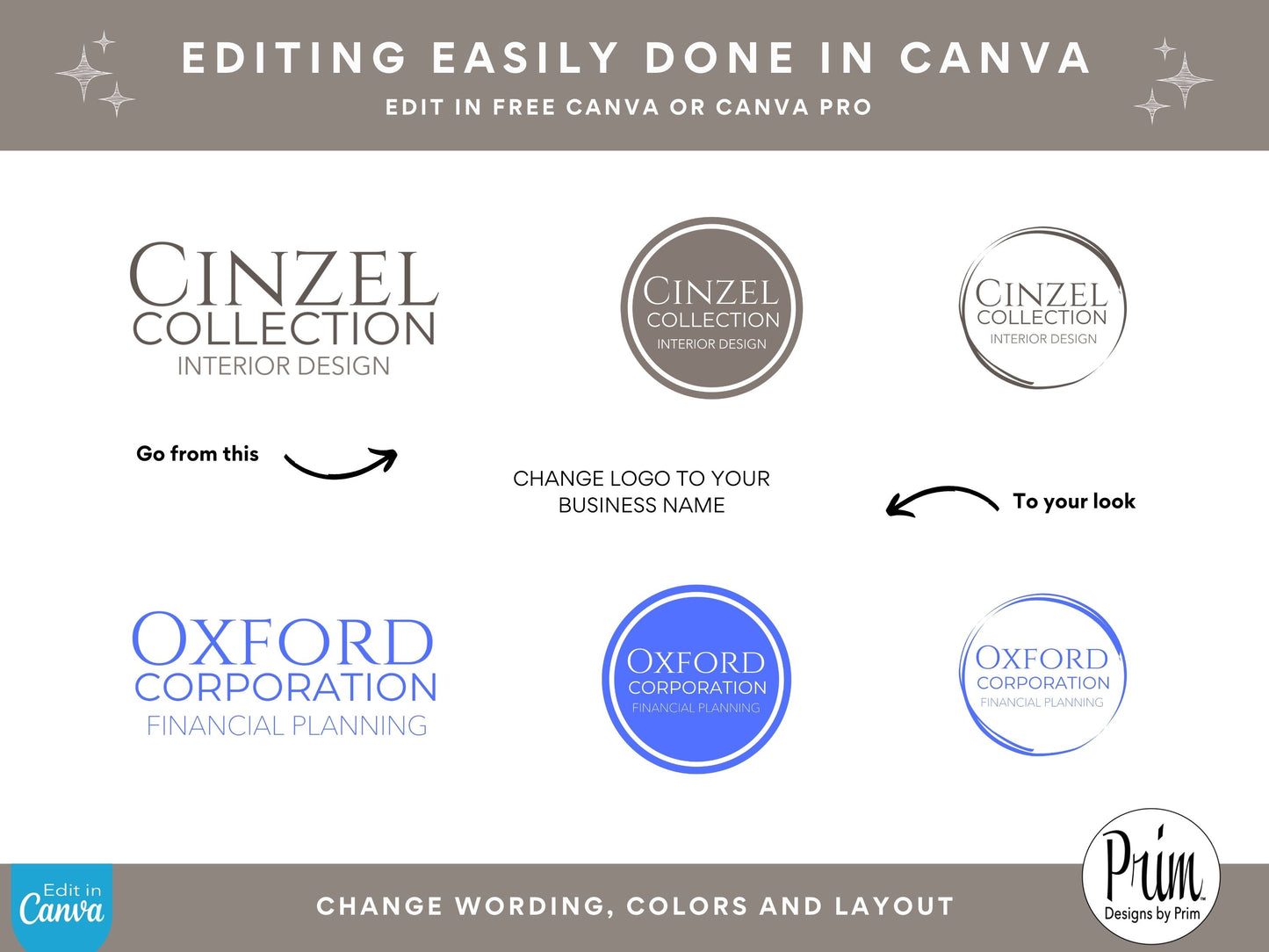 Designs by Prim Cinzel Collection Professional Logo Design Template Canva | Small Business Logo | Editable Logo Template | Business Branding Logo | DIY Logo Design | Brand Kit Jessica Ann Nethery Brand Design