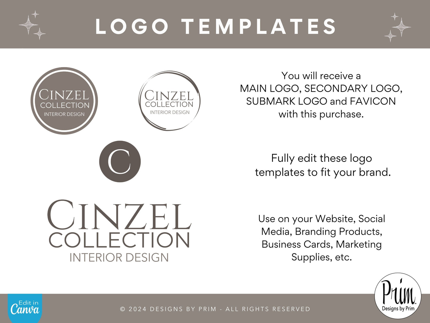 Designs by Prim Cinzel Collection Professional Logo Design Template Canva | Small Business Logo | Editable Logo Template | Business Branding Logo | DIY Logo Design | Brand Kit Jessica Ann Nethery Brand Design