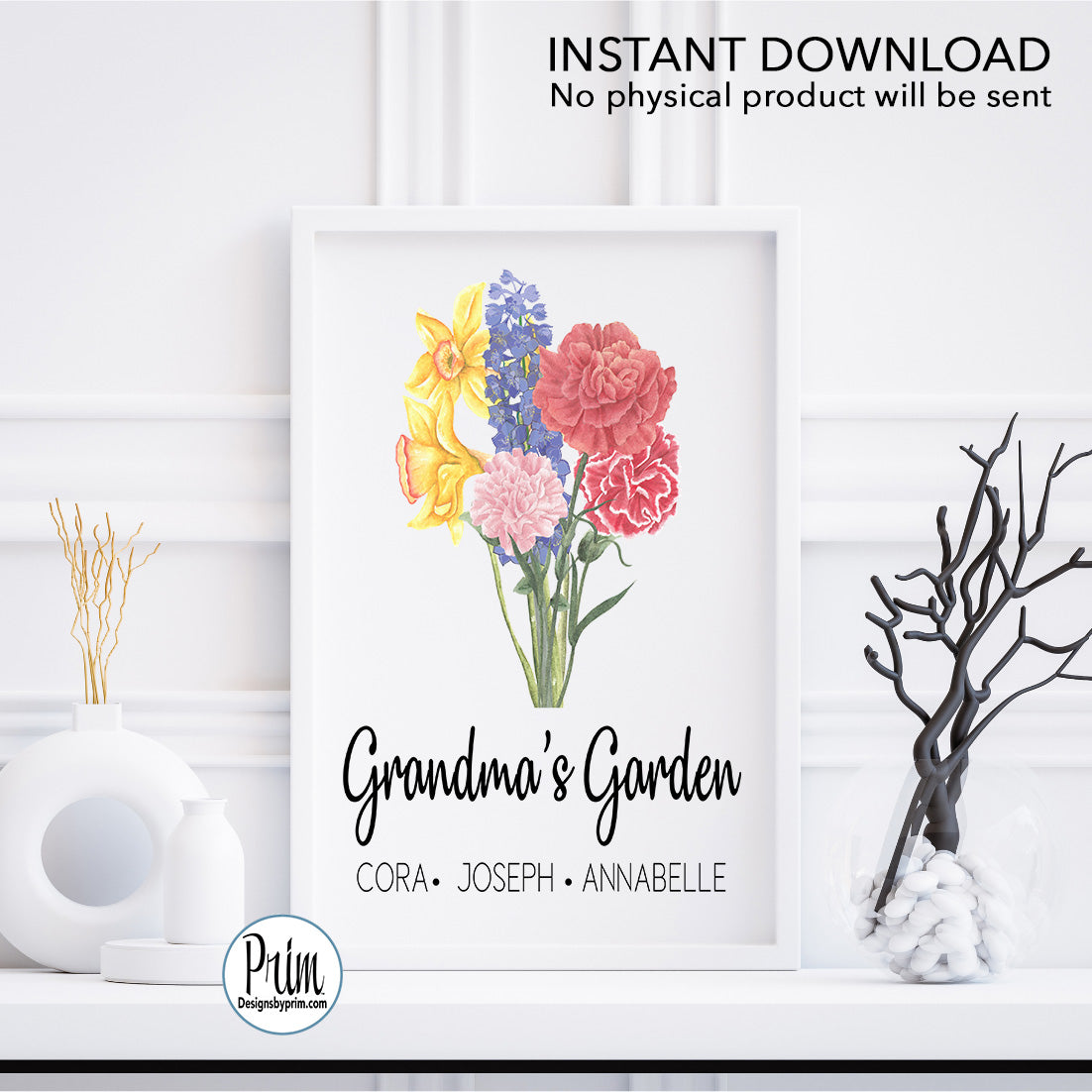 Designs by Prim Grandma's Garden Print, Family Birth Flower Bouquet, Custom Flower Art, Family Portrait Print, Vintage art, Personalized Mom gift Printable