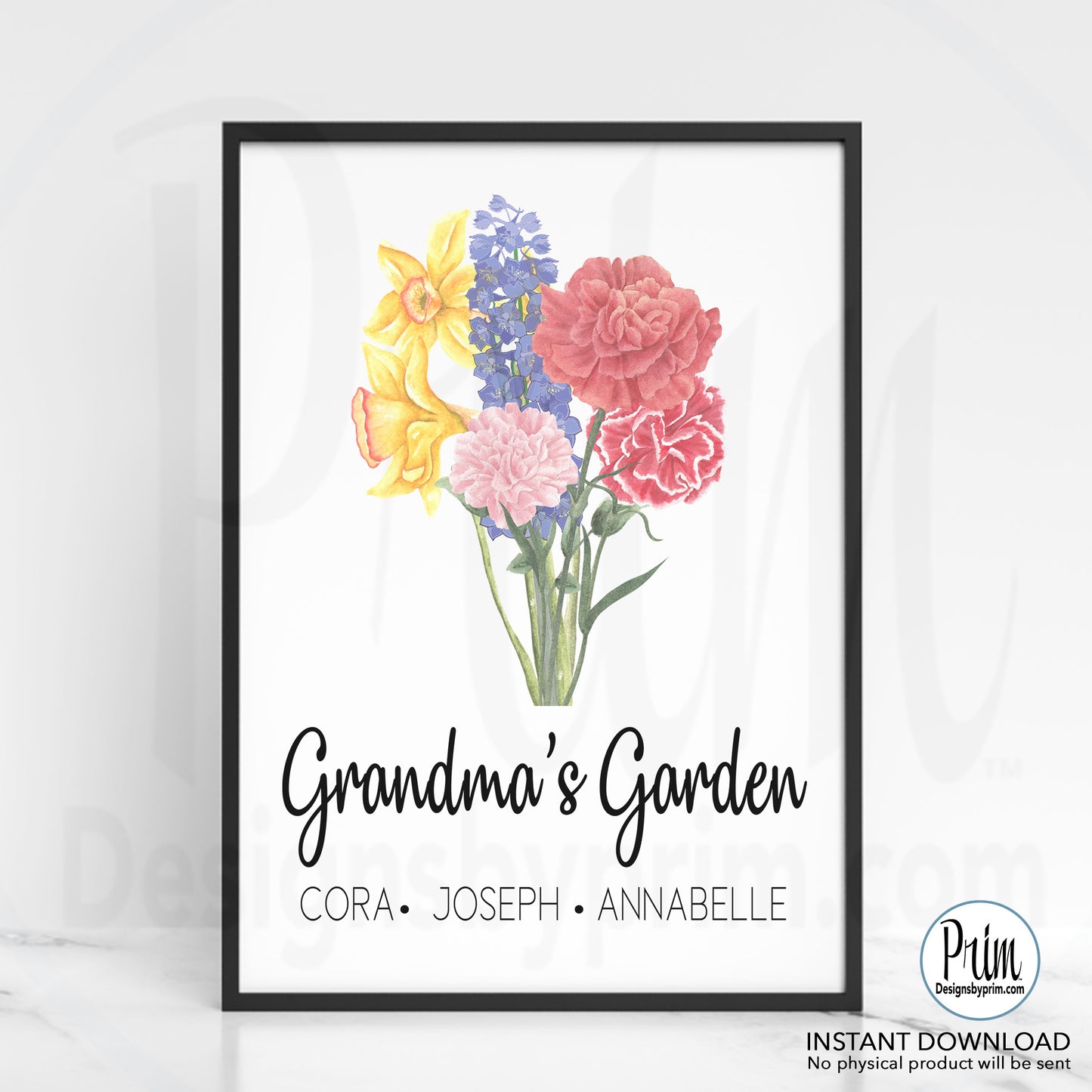 Designs by Prim Grandma's Garden Print, Family Birth Flower Bouquet, Custom Flower Art, Family Portrait Print, Vintage art, Personalized Mom gift Printable