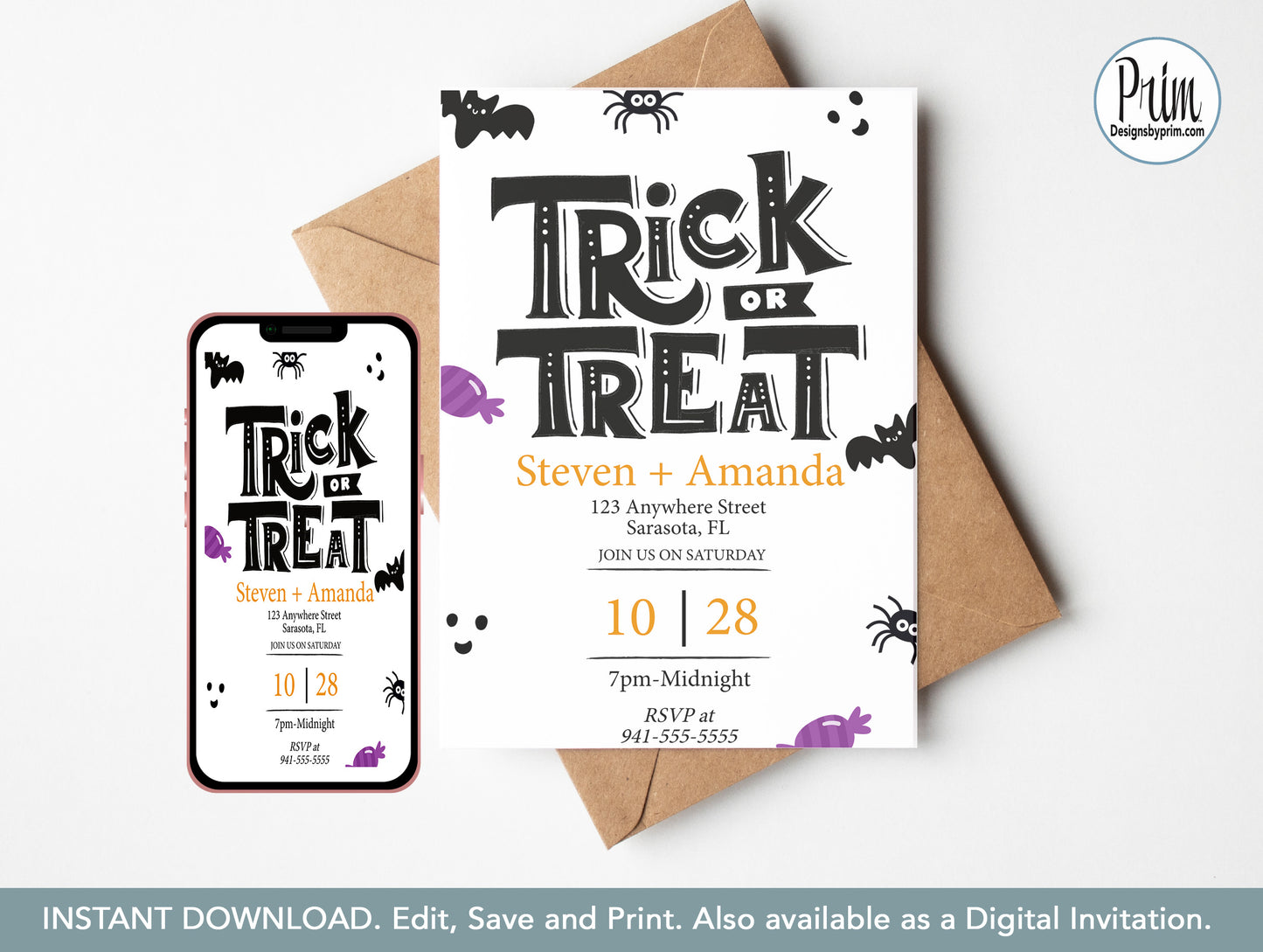 Designs by Prim Halloween Party Trick or Treat Invitation Print Digital | Pumpkin Bat Spiderweb Spooky Season Editable Template INSTANT DOWNLOAD Cell Phone