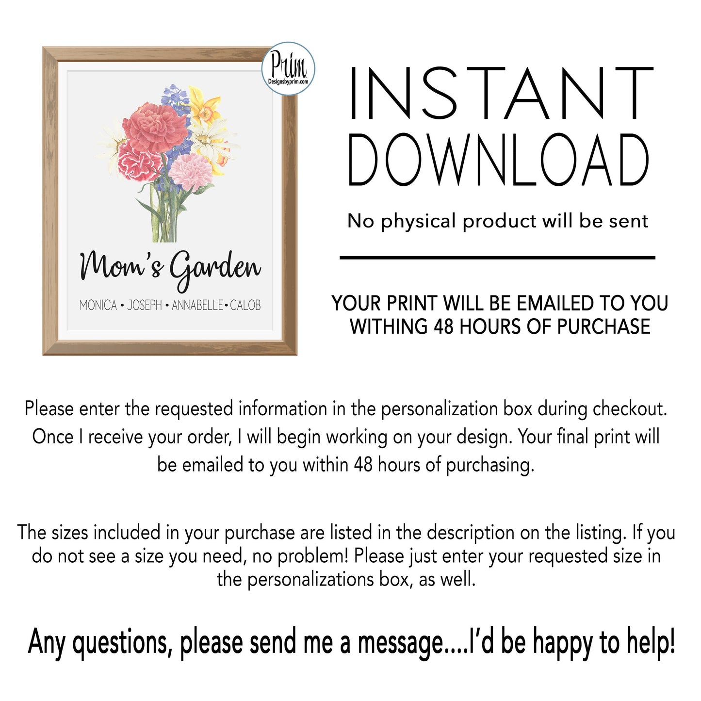 Designs by Prim Mom's Garden Print, Family Birth Flower Bouquet, Custom Flower Art, Family Portrait Print, Vintage art, Personalized Grandmother gift Print