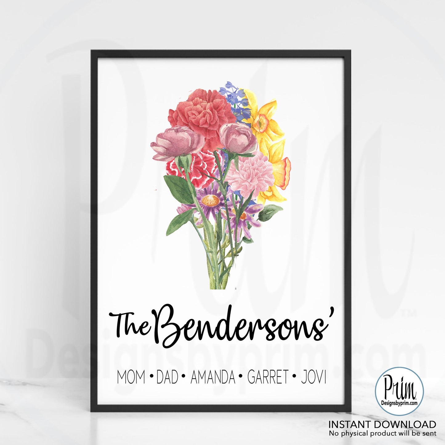 Designs by Prim Our Family Print, Family Birth Flower Bouquet, Custom Flower Art, Family Portrait Print, Vintage art, Personalized Grandmother gift Print