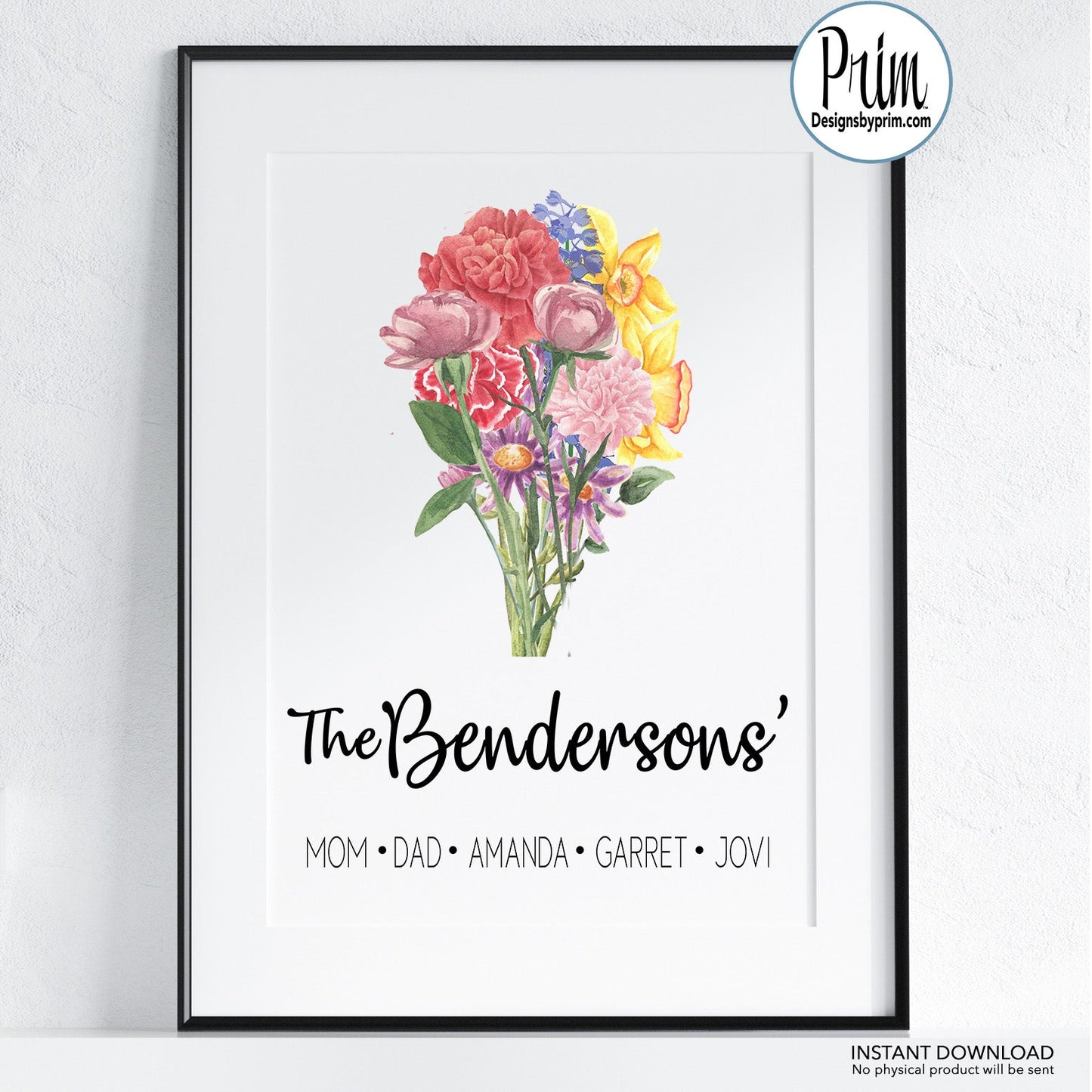 Designs by Prim Our Family Print, Family Birth Flower Bouquet, Custom Flower Art, Family Portrait Print, Vintage art, Personalized Grandmother gift Print