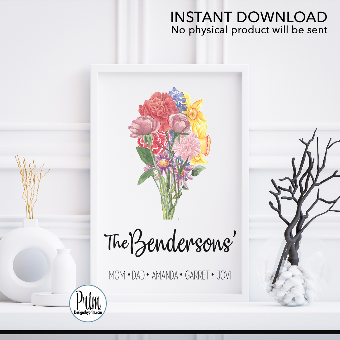 Designs by Prim Our Family Print, Family Birth Flower Bouquet, Custom Flower Art, Family Portrait Print, Vintage art, Personalized Grandmother gift Print
