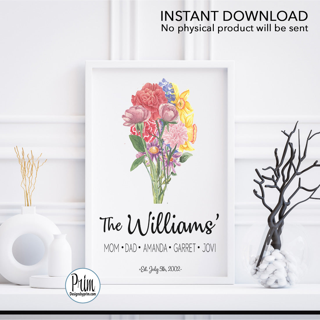 Designs by Prim Last Name Our Family Print, Family Birth Flower Bouquet, Custom Flower Art, Family Portrait Print, Personalized Grandmother gift Print