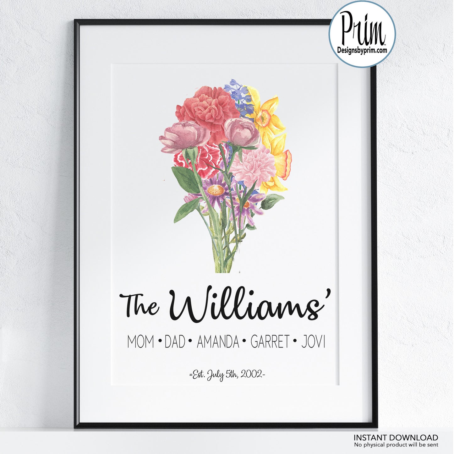 Designs by Prim Last Name Our Family Print, Family Birth Flower Bouquet, Custom Flower Art, Family Portrait Print, Personalized Grandmother gift Print