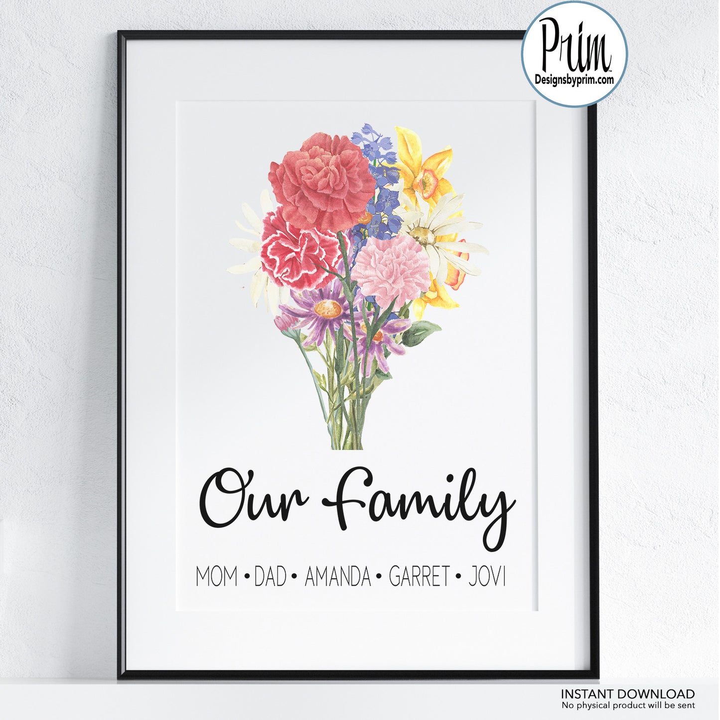 Designs by Prim Our Family Print, Family Birth Flower Bouquet, Custom Flower Art, Family Portrait Print, Vintage art, Personalized Grandmother gift Print
