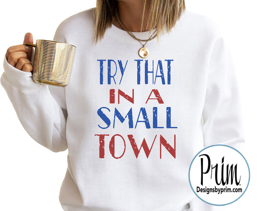 Designs by Prim Try That In A Small Town Soft Sweat Shirt | America Pride Patriotic In One Nation Country Road Anthem Graphic Tee Top