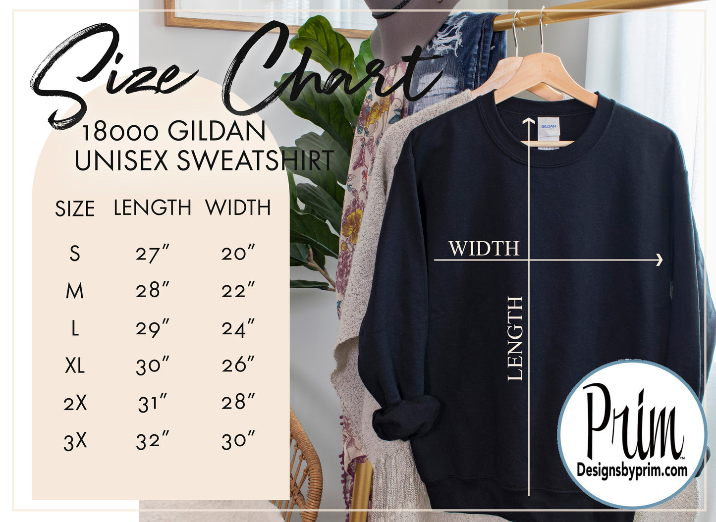 Designs by Prim Graphic Sweatshirts Size Chart