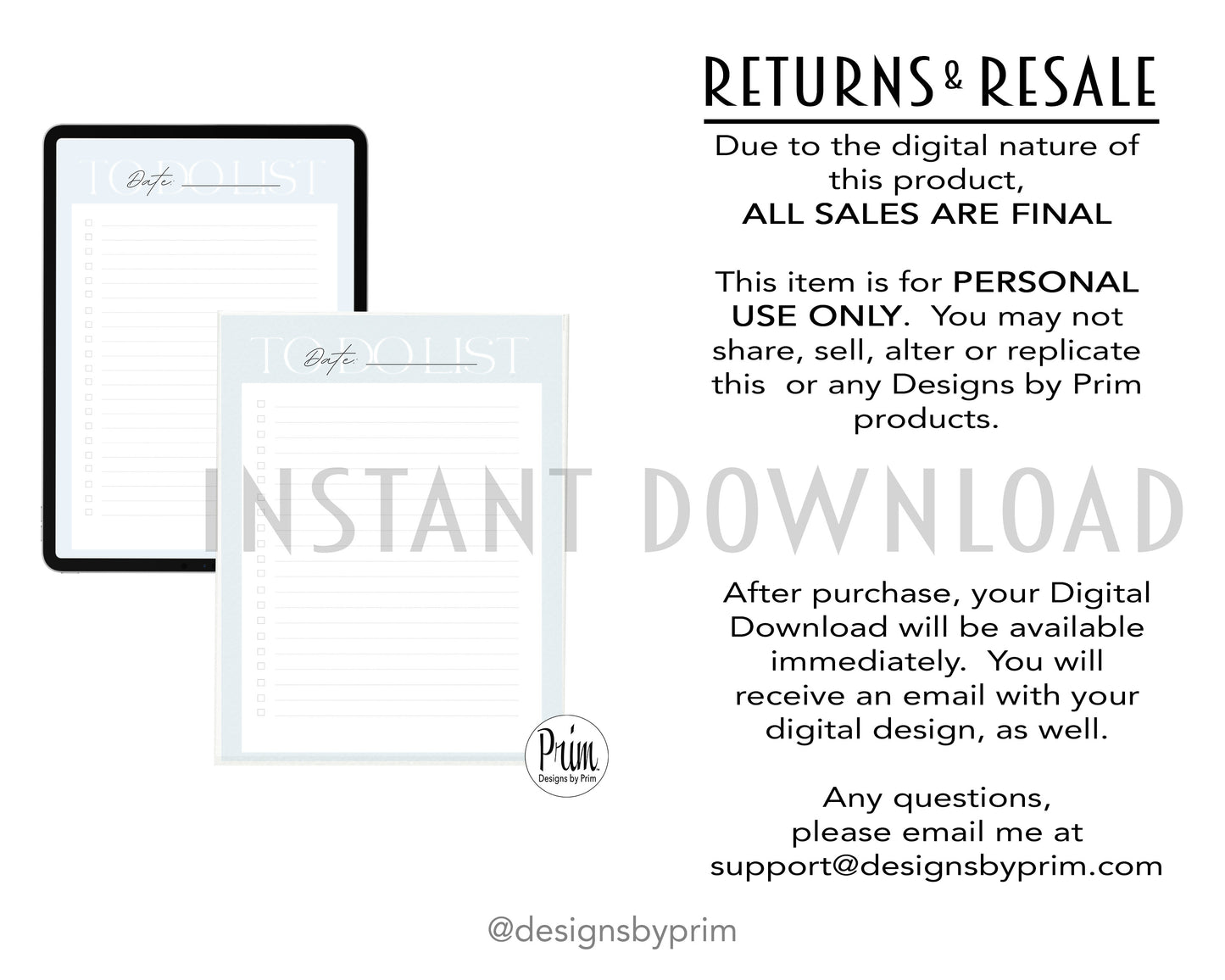 Designs by Prim To-Do List Digital Printable Planner Blue | Daily Planner Productivity Tool Task Management Time Manager Checklist Organizer Personal Task