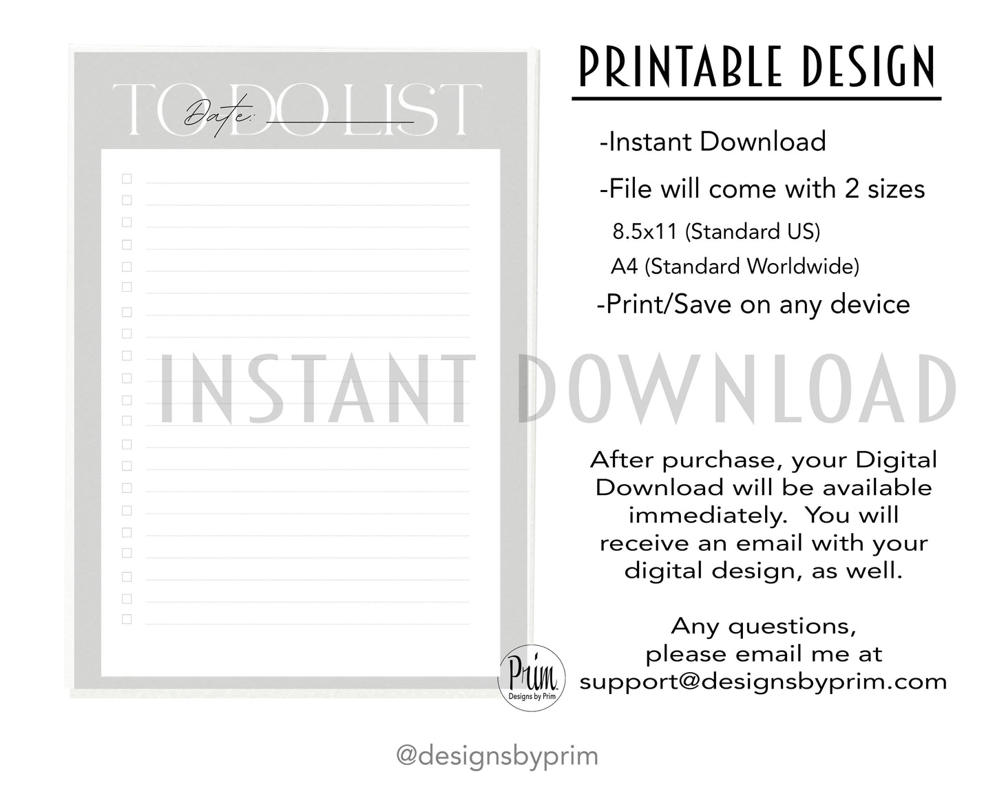 Designs by Prim To-Do List Digital Printable Planner Gray | Daily Planner Productivity Tool Task Management Time Manager Checklist Organizer Personal Task