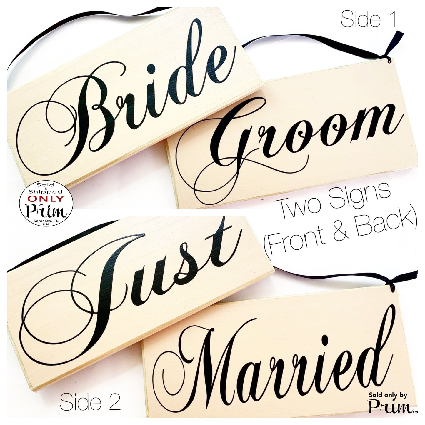 10x6 Just Married Bride Groom Double Sided (Choose Color) Custom Wedding His Hers Yours Mine Love Welcome Plaque Wood Signs (Set of 2)
