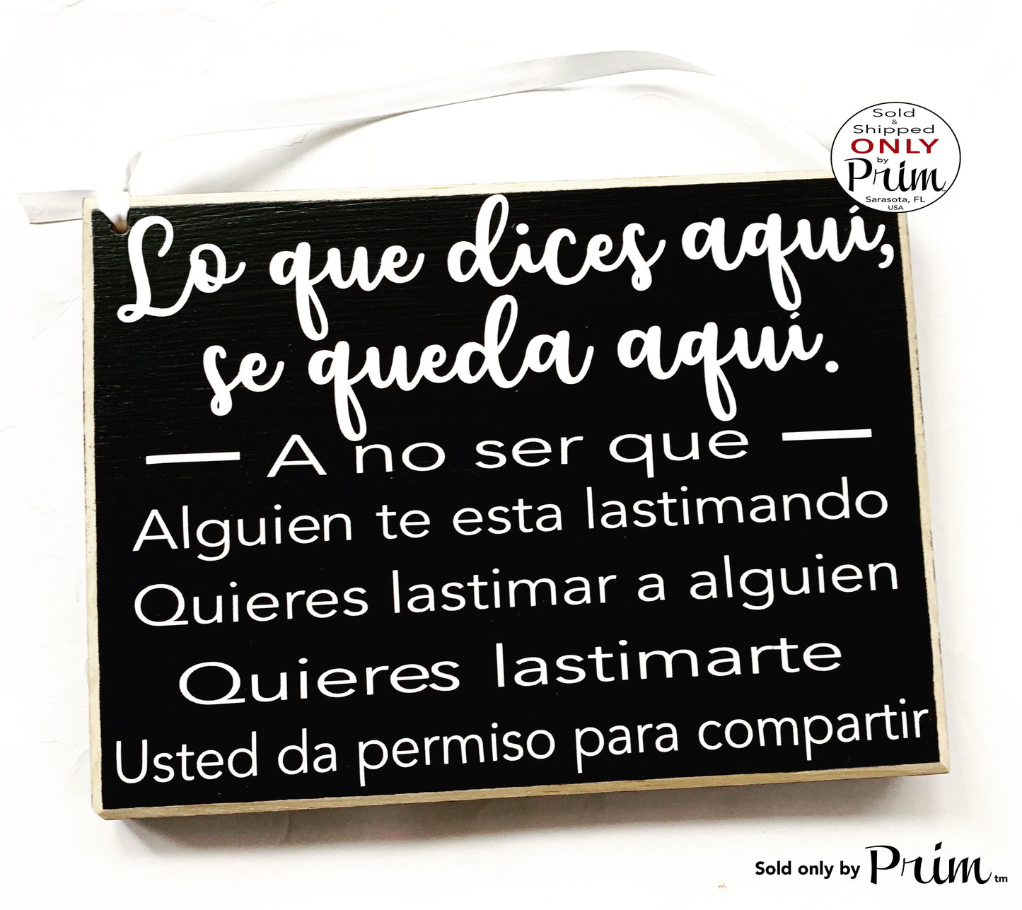 10x8 Lo que dices aquí Custom Wood Sign | What You Say Here Stays Here Spanish Therapy Counseling Confidential Wall Door Hanger Plaque