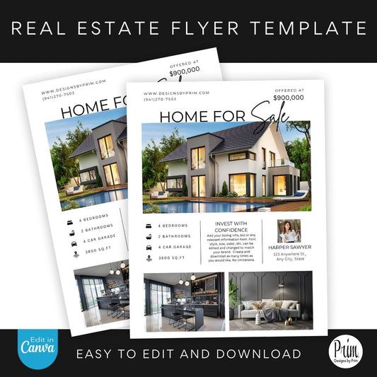 Designs by Prim Real Estate Flyer Template | Just Listed Flyer | Real Estate Marketing | Editable Canva Template | Real Estate Postcard | Open House Flyer