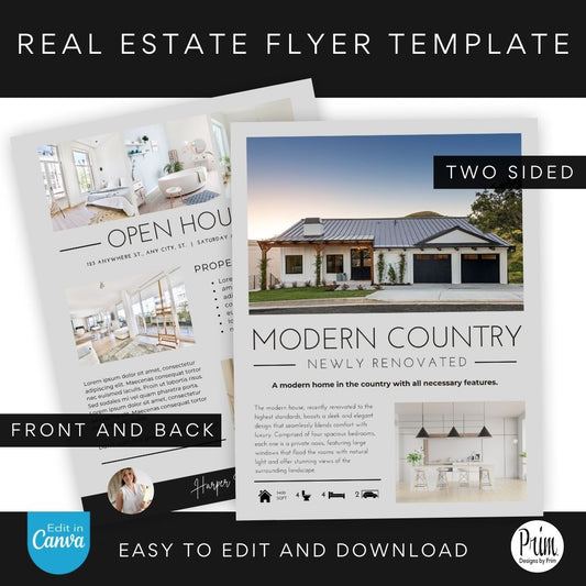 Designs by Prim Two Sided Country Modern Real Estate Flyer Template | Just Listed Flyer | Real Estate Marketing | Editable Canva Template | Real Estate Postcard | Open House Flyer