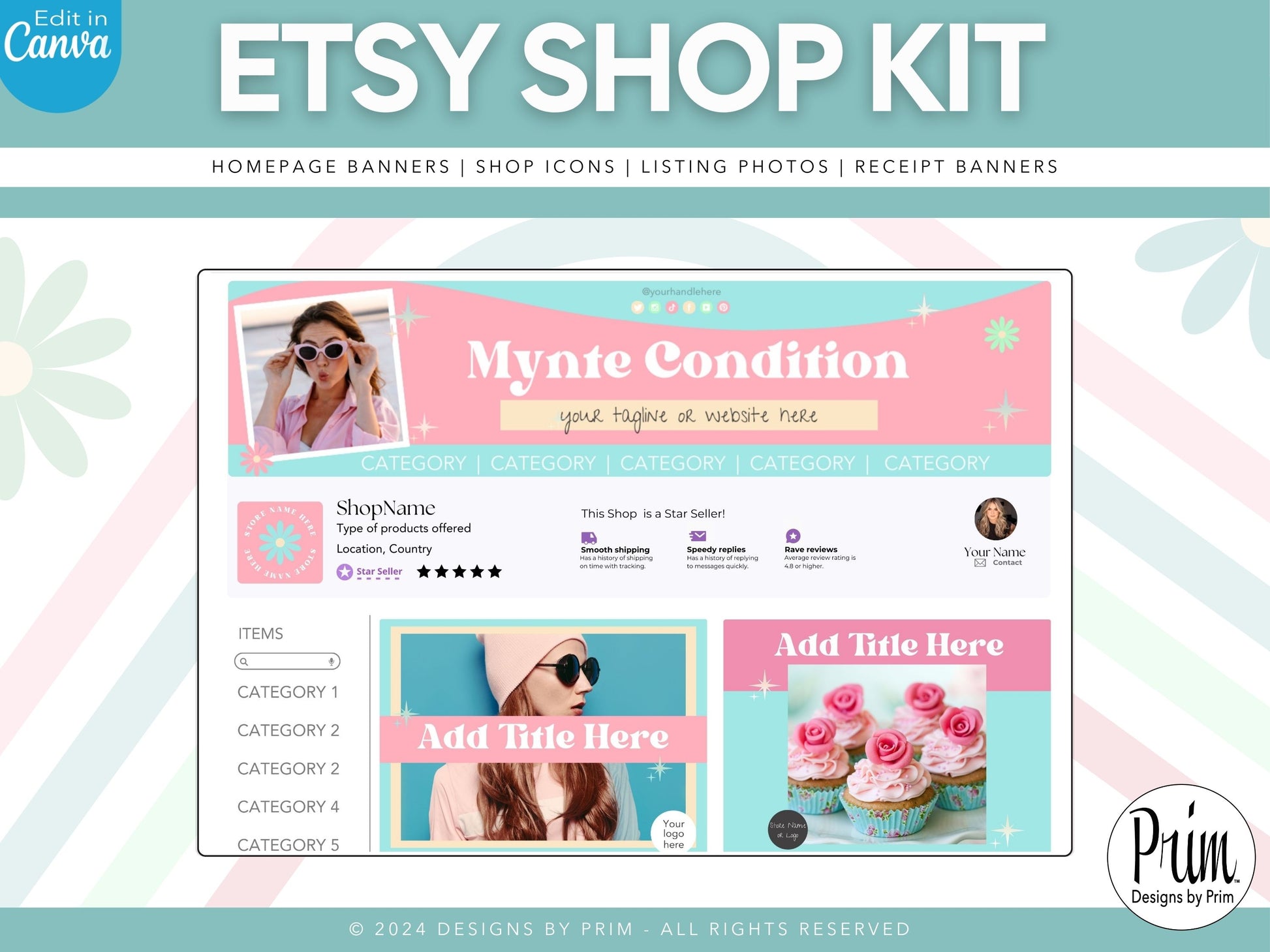 Designs by Prim Etsy Shop Kit | Etsy Banner Templates | Etsy Store Listing Bundle | Canva Editable Template | Etsy Seller Branding Design | Store Mock Ups Jessica Nethery Designer Business Branding