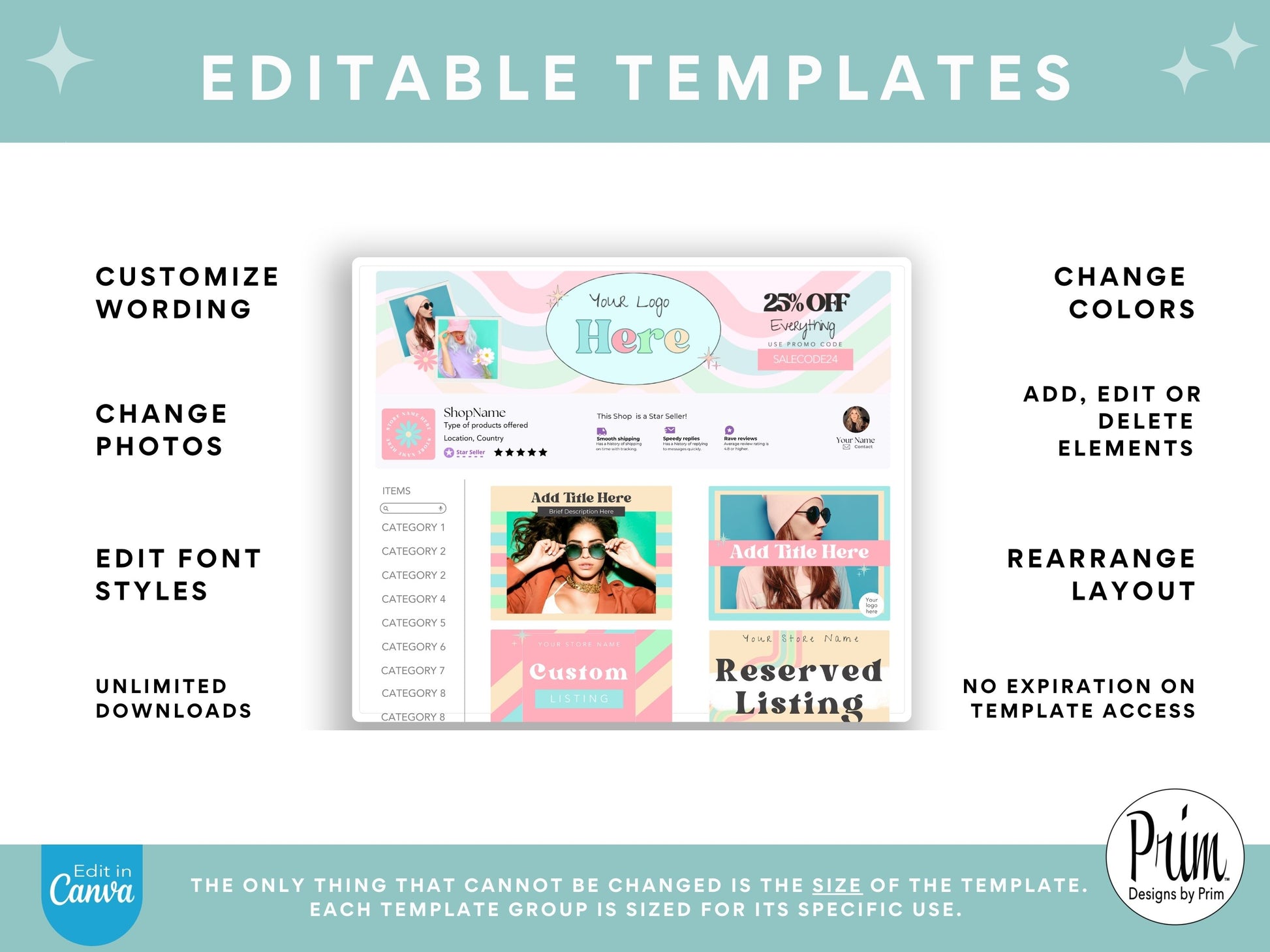 Designs by Prim Etsy Shop Kit | Etsy Banner Templates | Etsy Store Listing Bundle | Canva Editable Template | Etsy Seller Branding Design | Store Mock Ups Jessica Nethery Designer Business Branding