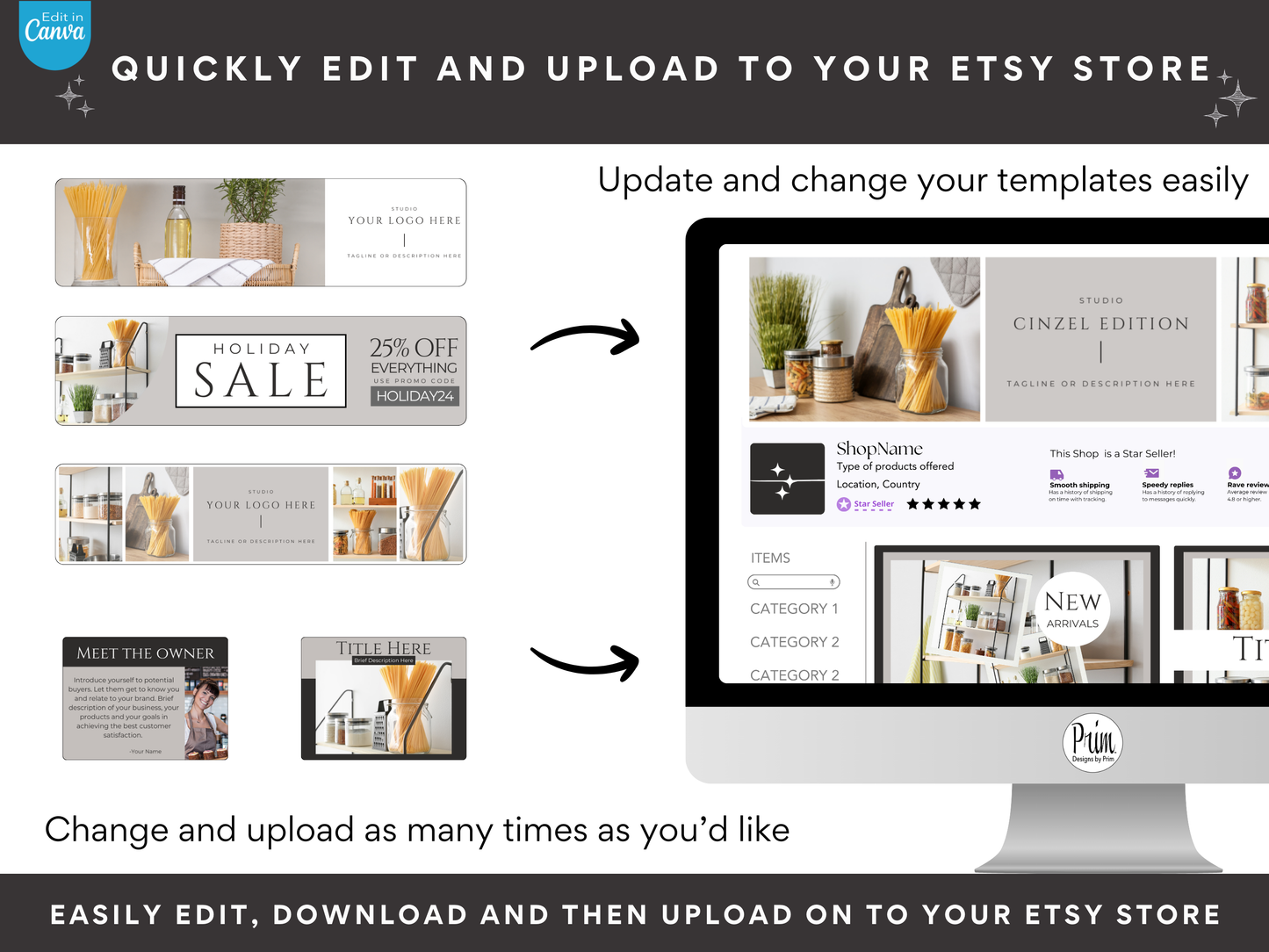 Designs by Prim Etsy Shop Kit | Etsy Banner Templates | Etsy Store Listing Bundle | Canva Editable Template | Etsy Seller Branding Design | Store Mock Ups Jessica Nethery Designer Business Branding