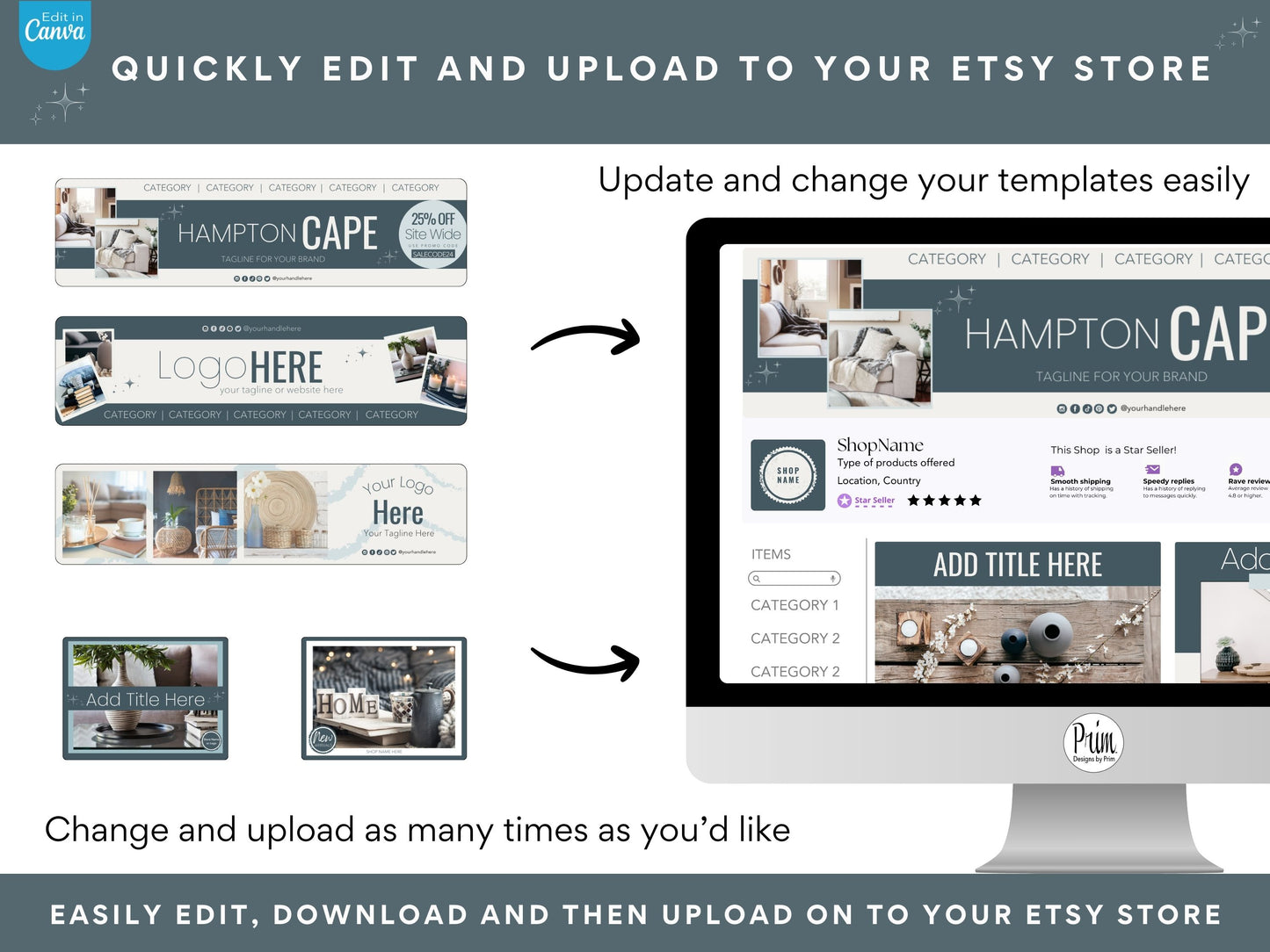 Designs by Prim Etsy Shop Kit | Etsy Banner Templates | Etsy Store Listing Bundle | Canva Editable Template | Etsy Seller Branding Design | Store Mock Ups Jessica Nethery Designer Business Branding