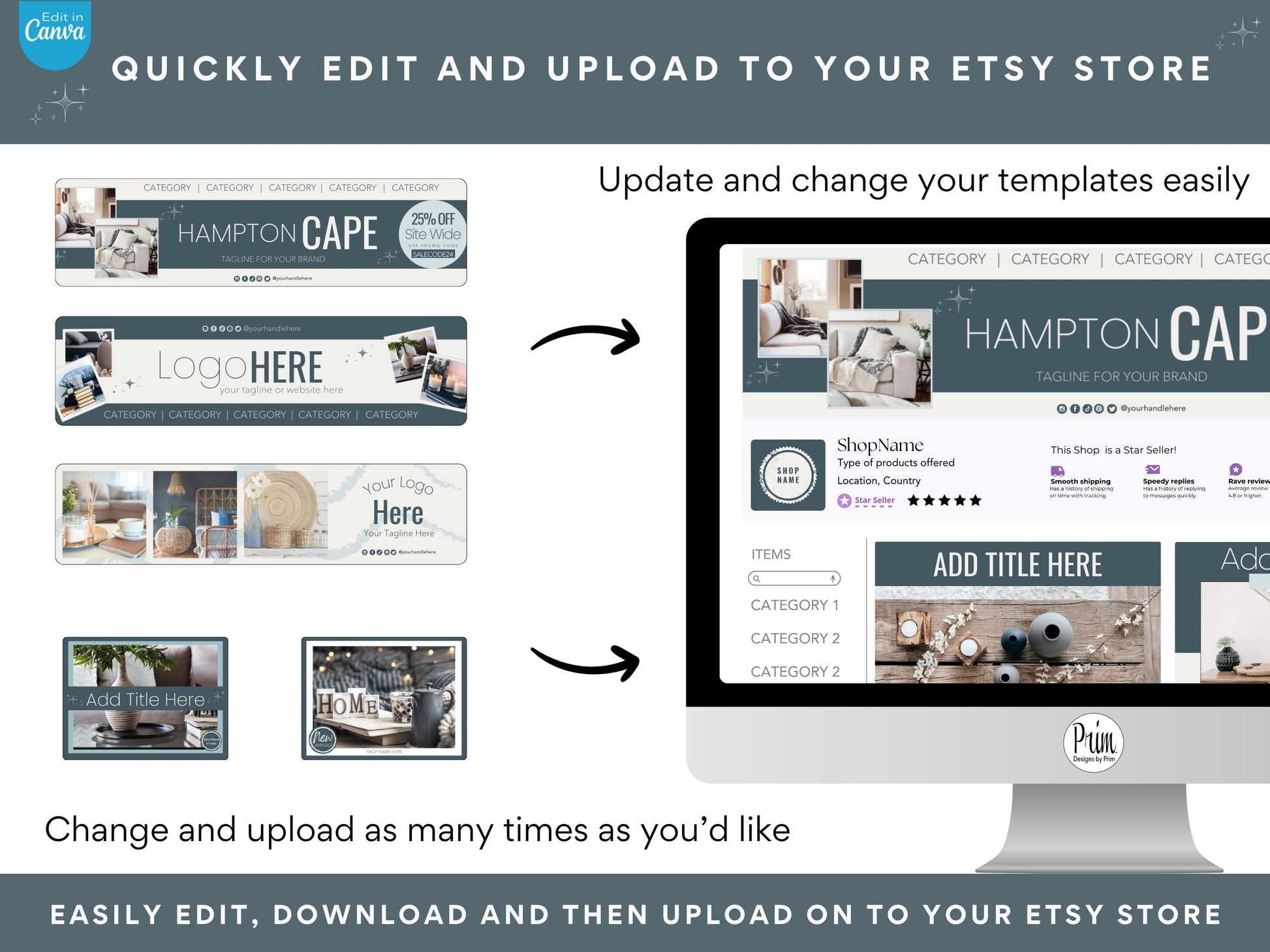 Designs by Prim Etsy Shop Kit | Etsy Banner Templates | Etsy Store Listing Bundle | Canva Editable Template | Etsy Seller Branding Design | Store Mock Ups Jessica Nethery Designer Business Branding