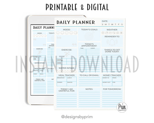 Designs by Prim Daily Planner Undated Blue | Mood Tracker Fitness Exercise Water Intake Meal Tracker Goals Appointments Weather Reminder Money Tracker