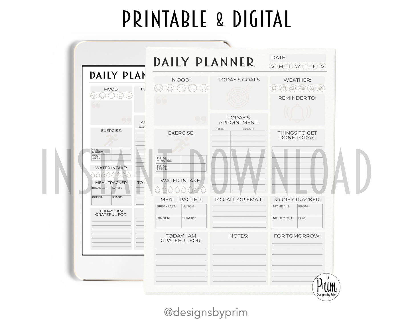 Designs by Prim Daily Planner Undated Gray | Mood Tracker Fitness Exercise Water Intake Meal Tracker Goals Appointments Weather Reminder Money Tracker
