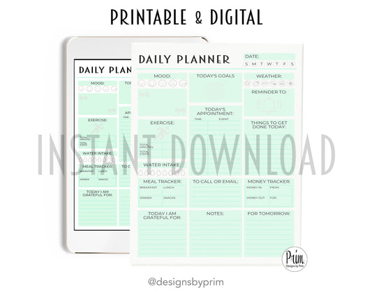 Designs by Prim Daily Planner Undated Green | Mood Tracker Fitness Exercise Water Intake Meal Tracker Goals Appointments Weather Reminder Money Tracker