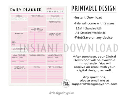 Designs by Prim Daily Planner Undated Pink | Mood Tracker Fitness Exercise Water Intake Meal Tracker Goals Appointments Weather Reminder Money Tracker