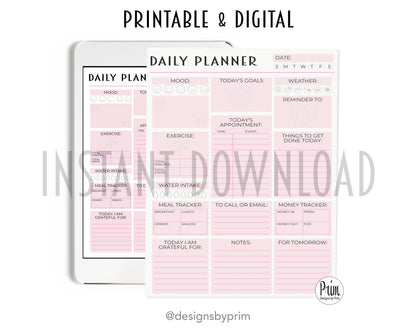 Designs by Prim Daily Planner Undated Pink | Mood Tracker Fitness Exercise Water Intake Meal Tracker Goals Appointments Weather Reminder Money Tracker