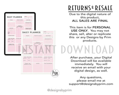 Designs by Prim Daily Planner Undated Pink | Mood Tracker Fitness Exercise Water Intake Meal Tracker Goals Appointments Weather Reminder Money Tracker